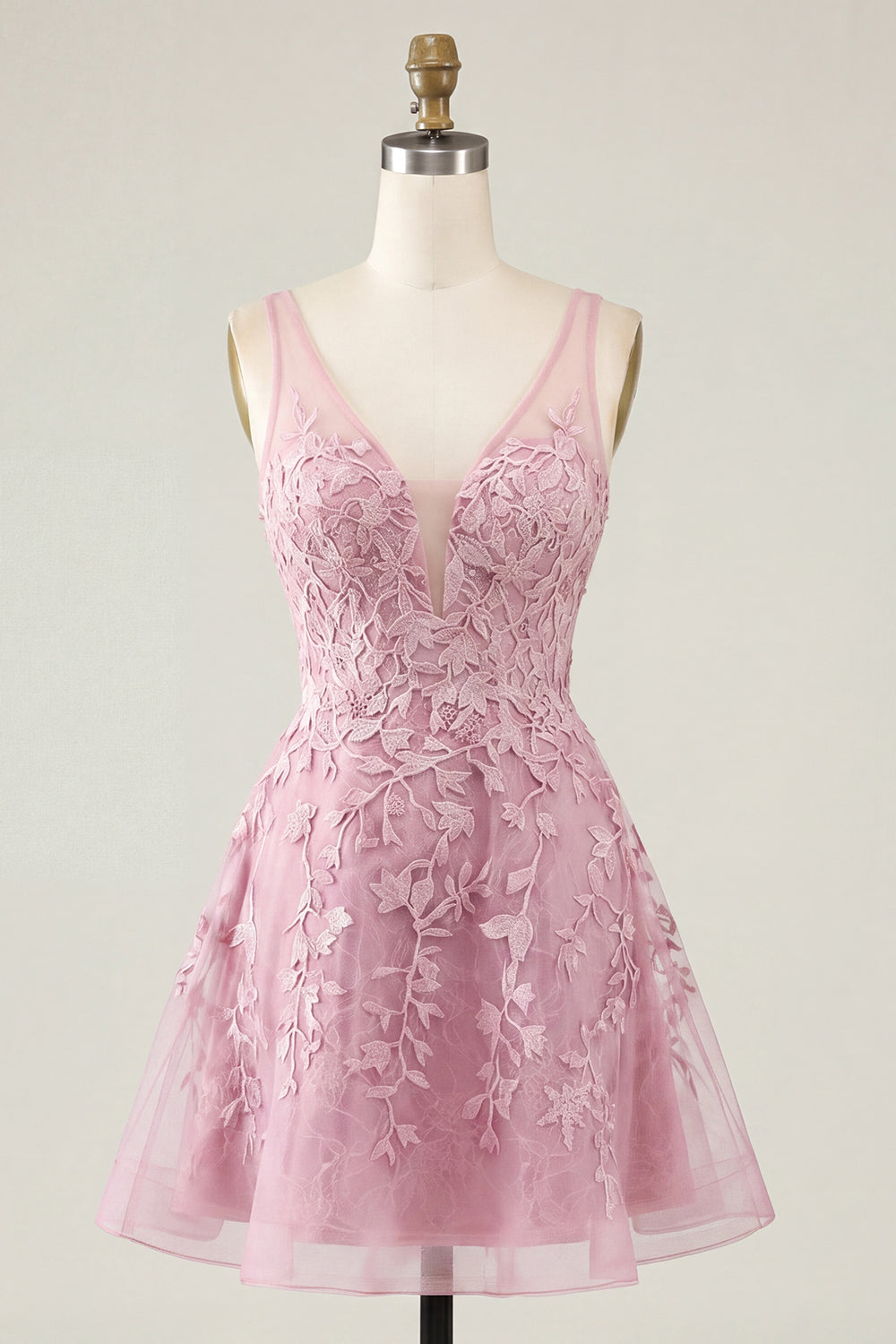 A-Line Pink V-Neck Floral Homecoming Dress