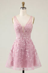A-Line Pink V-Neck Floral Homecoming Dress