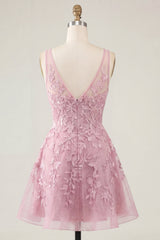 A-Line Pink V-Neck Floral Homecoming Dress