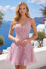 A-Line Pink V-Neck Floral Homecoming Dress