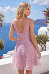 A-Line Pink V-Neck Floral Homecoming Dress