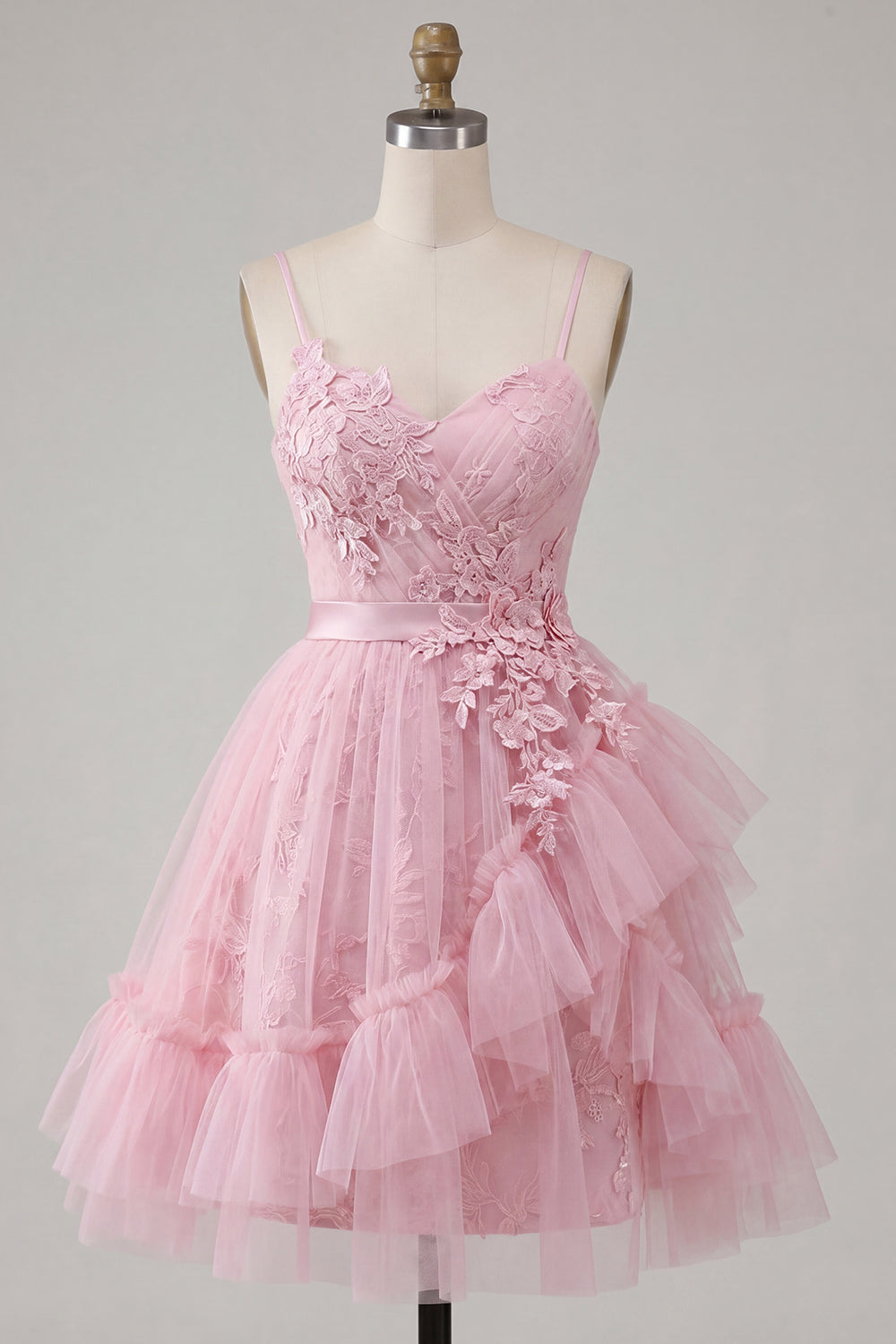 A-Line Pink Floral Spaghetti Straps Homecoming Dress with Ruffles