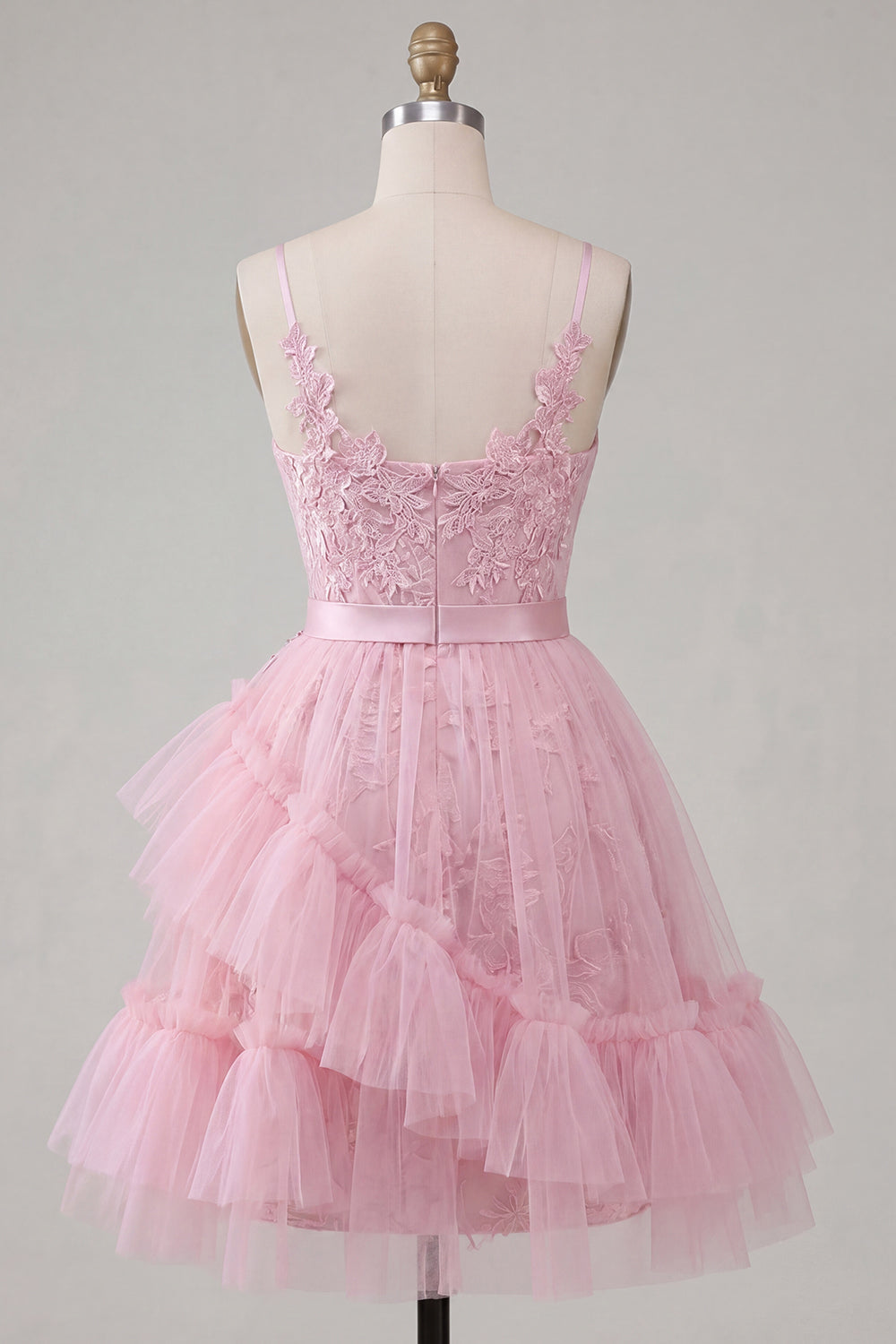 A-Line Pink Floral Spaghetti Straps Homecoming Dress with Ruffles