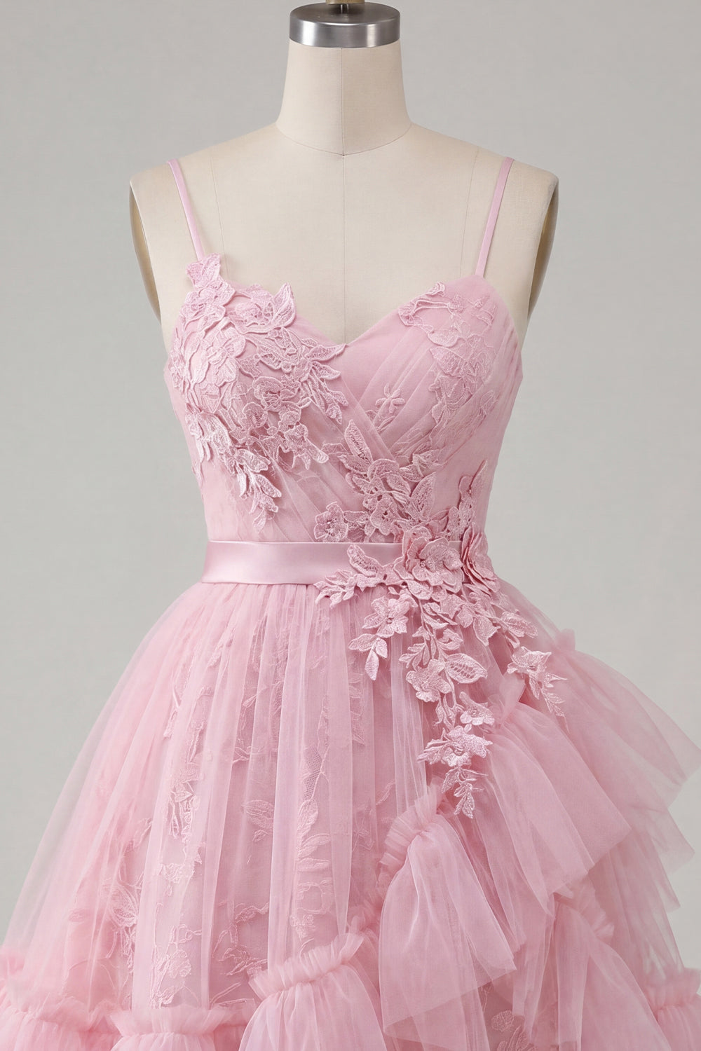 A-Line Pink Floral Spaghetti Straps Homecoming Dress with Ruffles