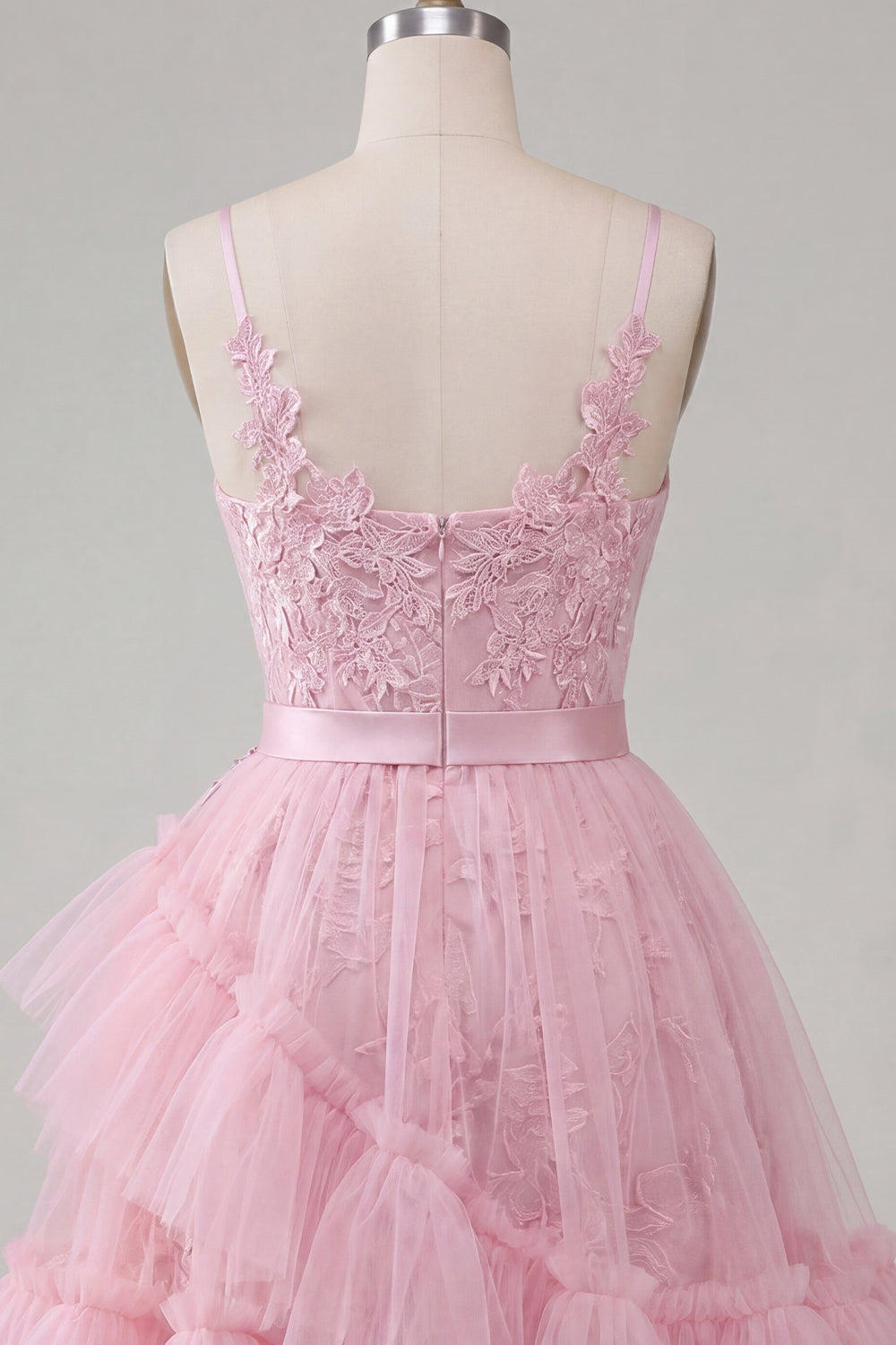 A-Line Pink Floral Spaghetti Straps Homecoming Dress with Ruffles