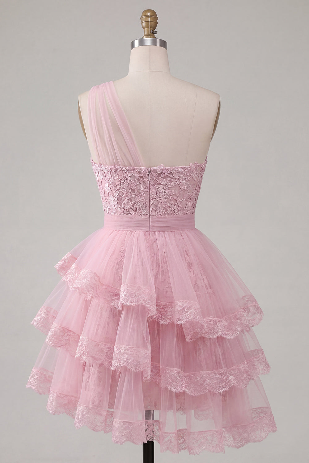 A-Line Pink One Shoulder Floral Tiered Homecoming Dress
