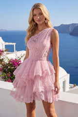 A-Line Pink One Shoulder Floral Tiered Homecoming Dress
