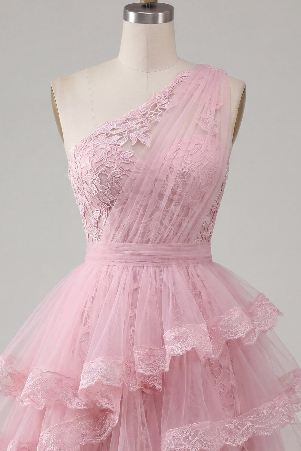 A-Line Pink One Shoulder Floral Tiered Homecoming Dress