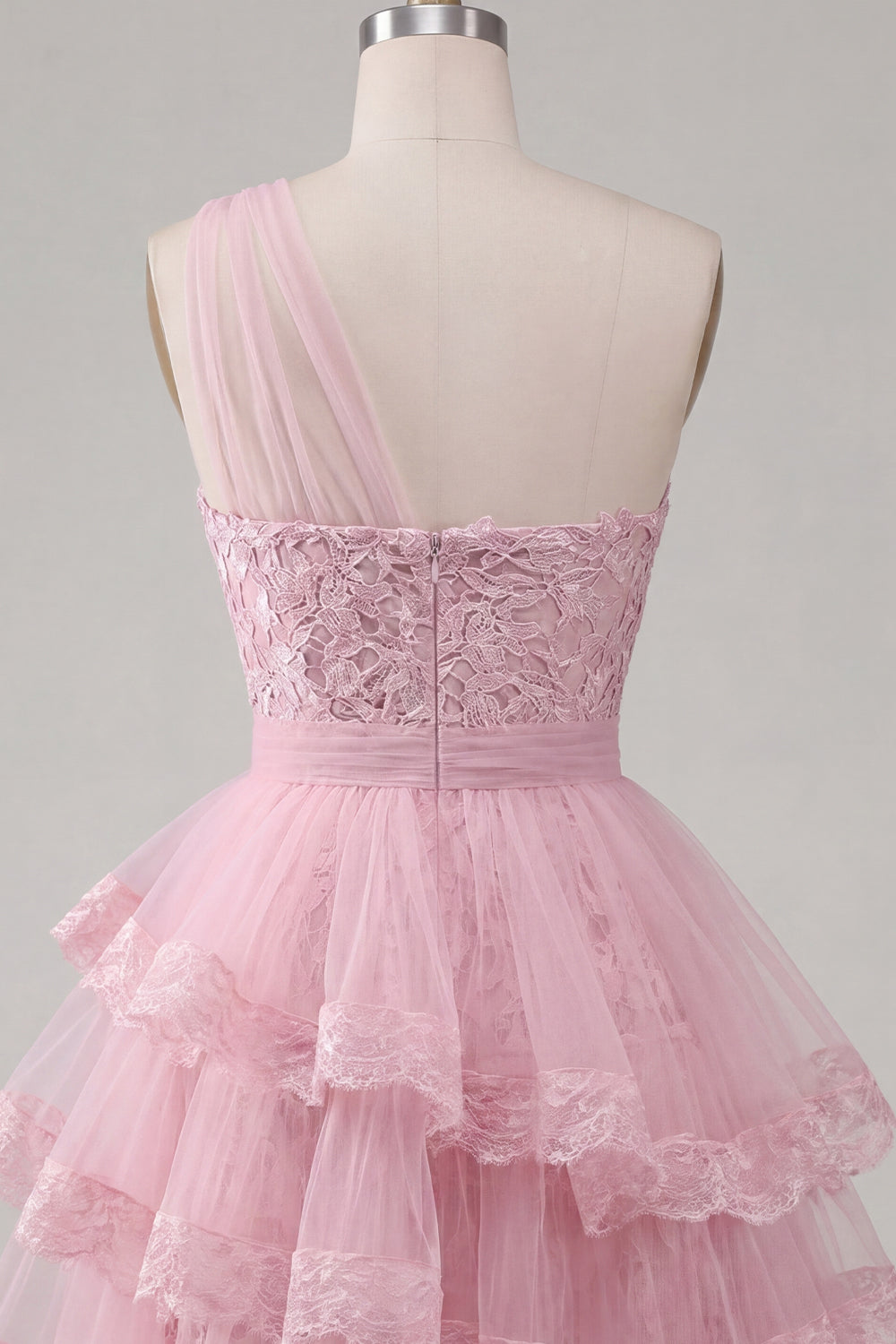 A-Line Pink One Shoulder Floral Tiered Homecoming Dress