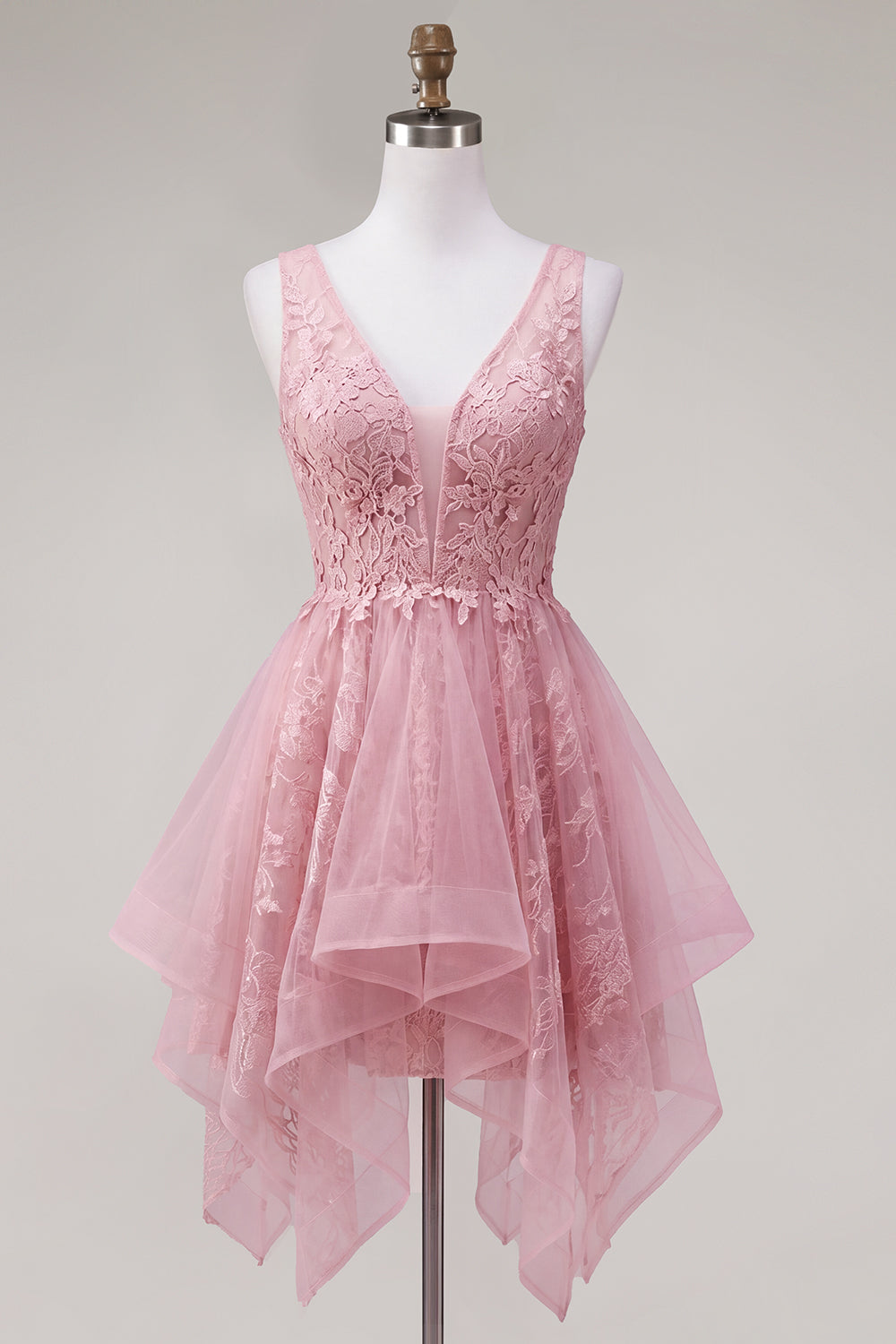 A-Line Pink V-Neck Tulle Floral Homecoming Dress