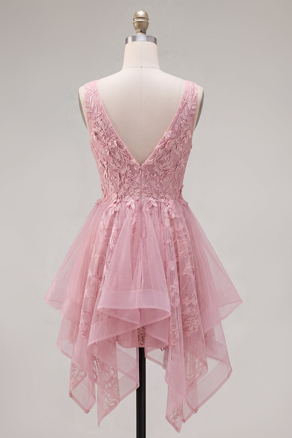 A-Line Pink V-Neck Tulle Floral Homecoming Dress