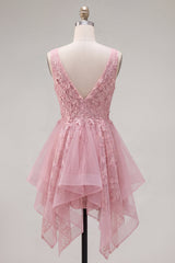 A-Line Pink V-Neck Tulle Floral Homecoming Dress