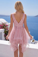 A-Line Pink V-Neck Tulle Floral Homecoming Dress