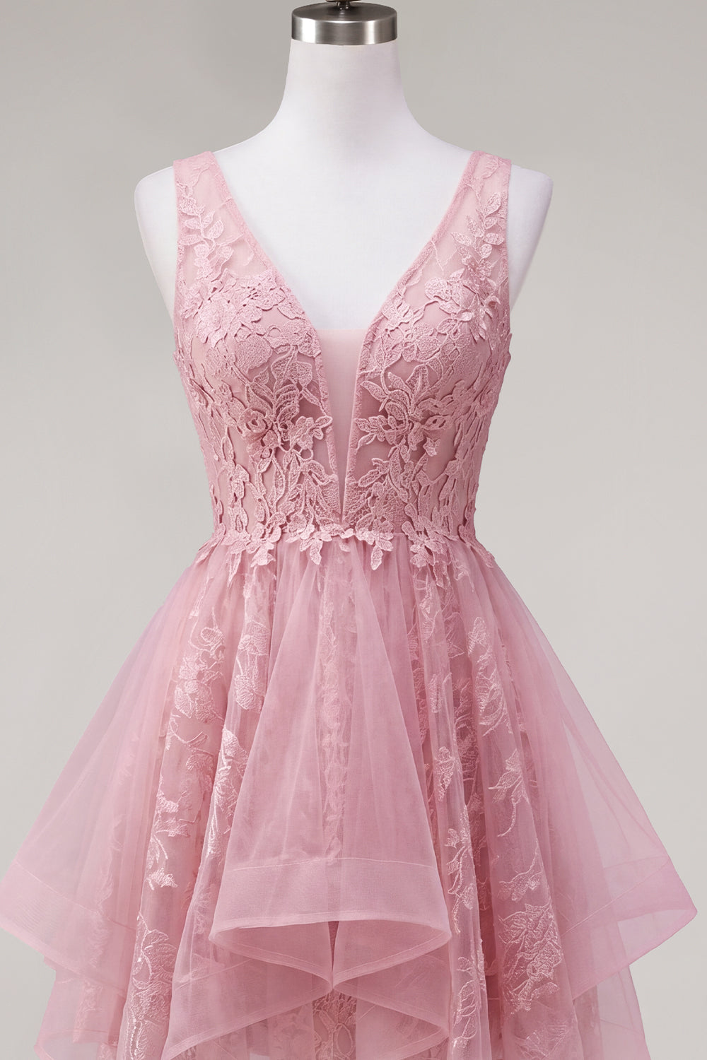 A-Line Pink V-Neck Tulle Floral Homecoming Dress