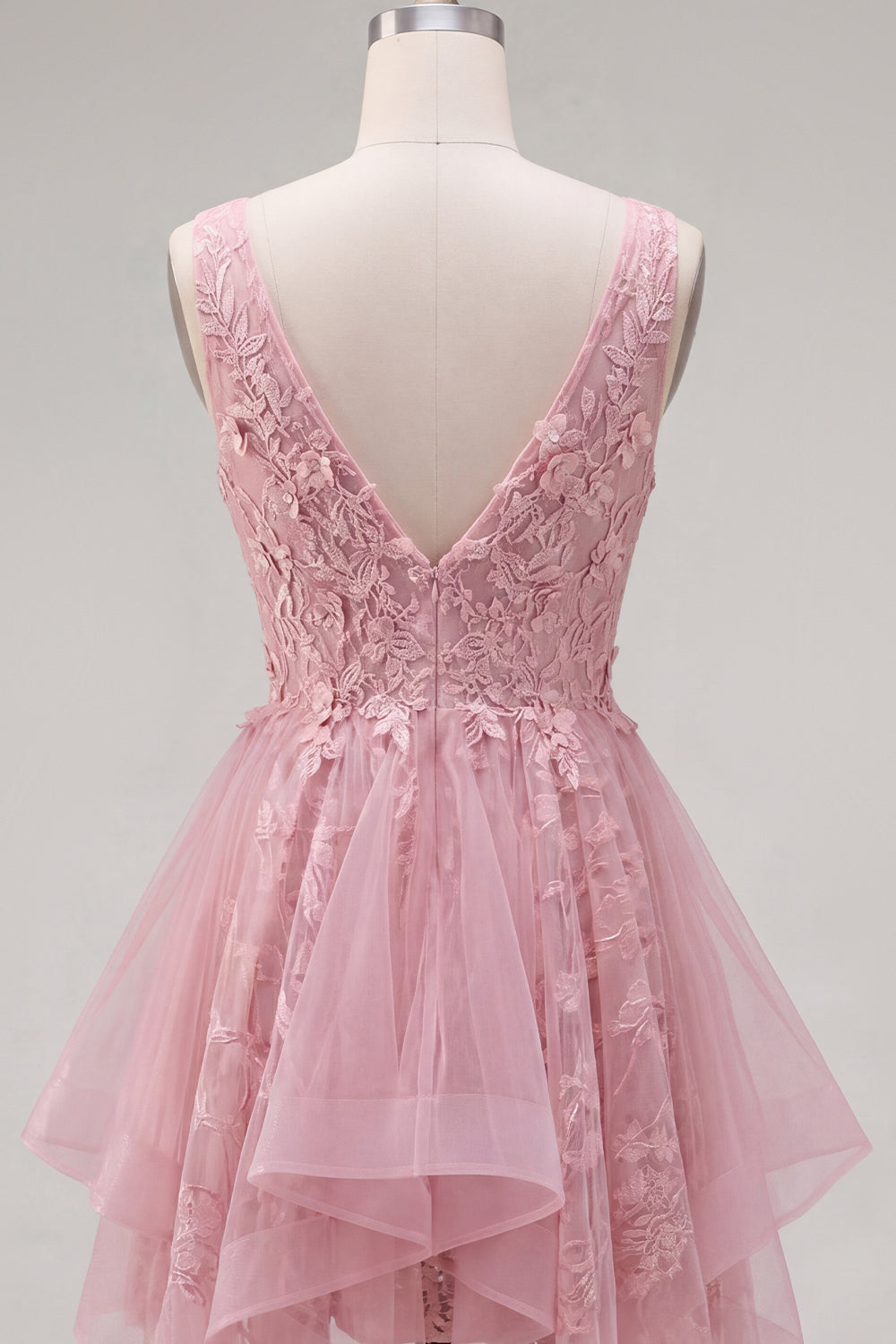 A-Line Pink V-Neck Tulle Floral Homecoming Dress