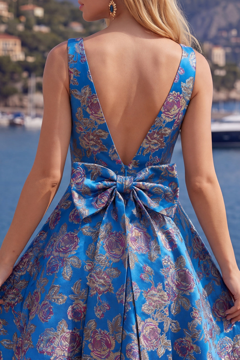 A-Line Red V-Neck Jacquard Floral Homecoming Dress with Bow