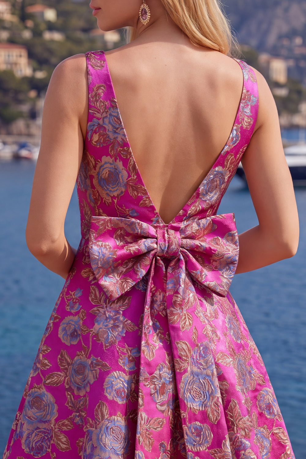 A-Line Red V-Neck Jacquard Floral Homecoming Dress with Bow