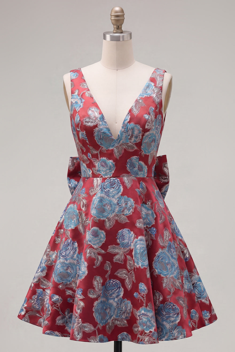 A-Line Red V-Neck Jacquard Floral Homecoming Dress with Bow