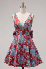 A-Line Red V-Neck Jacquard Floral Homecoming Dress with Bow