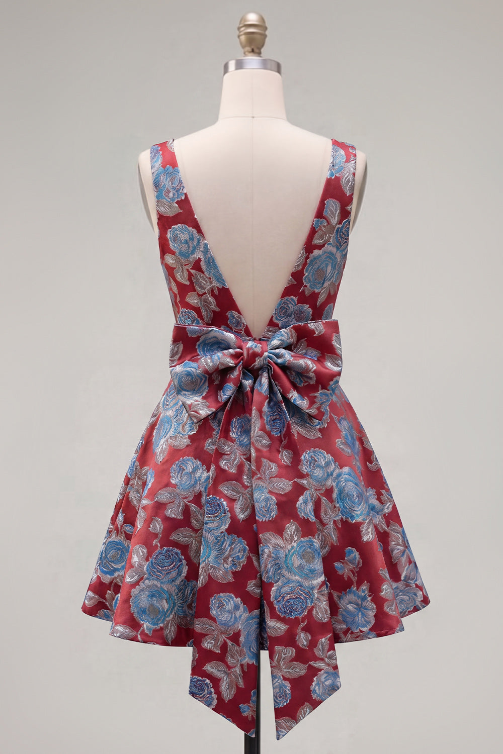 A-Line Red V-Neck Jacquard Floral Homecoming Dress with Bow