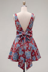A-Line Red V-Neck Jacquard Floral Homecoming Dress with Bow