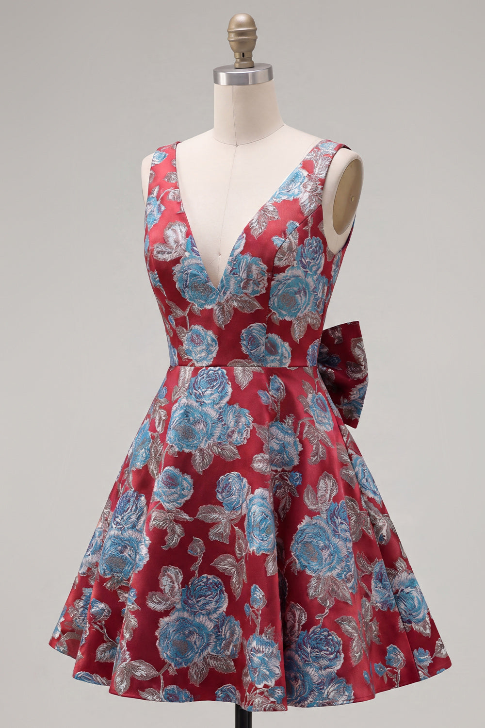 A-Line Red V-Neck Jacquard Floral Homecoming Dress with Bow