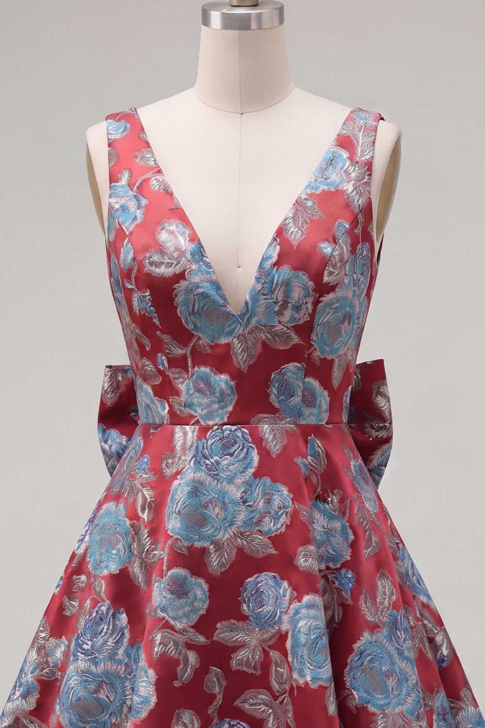 A-Line Red V-Neck Jacquard Floral Homecoming Dress with Bow