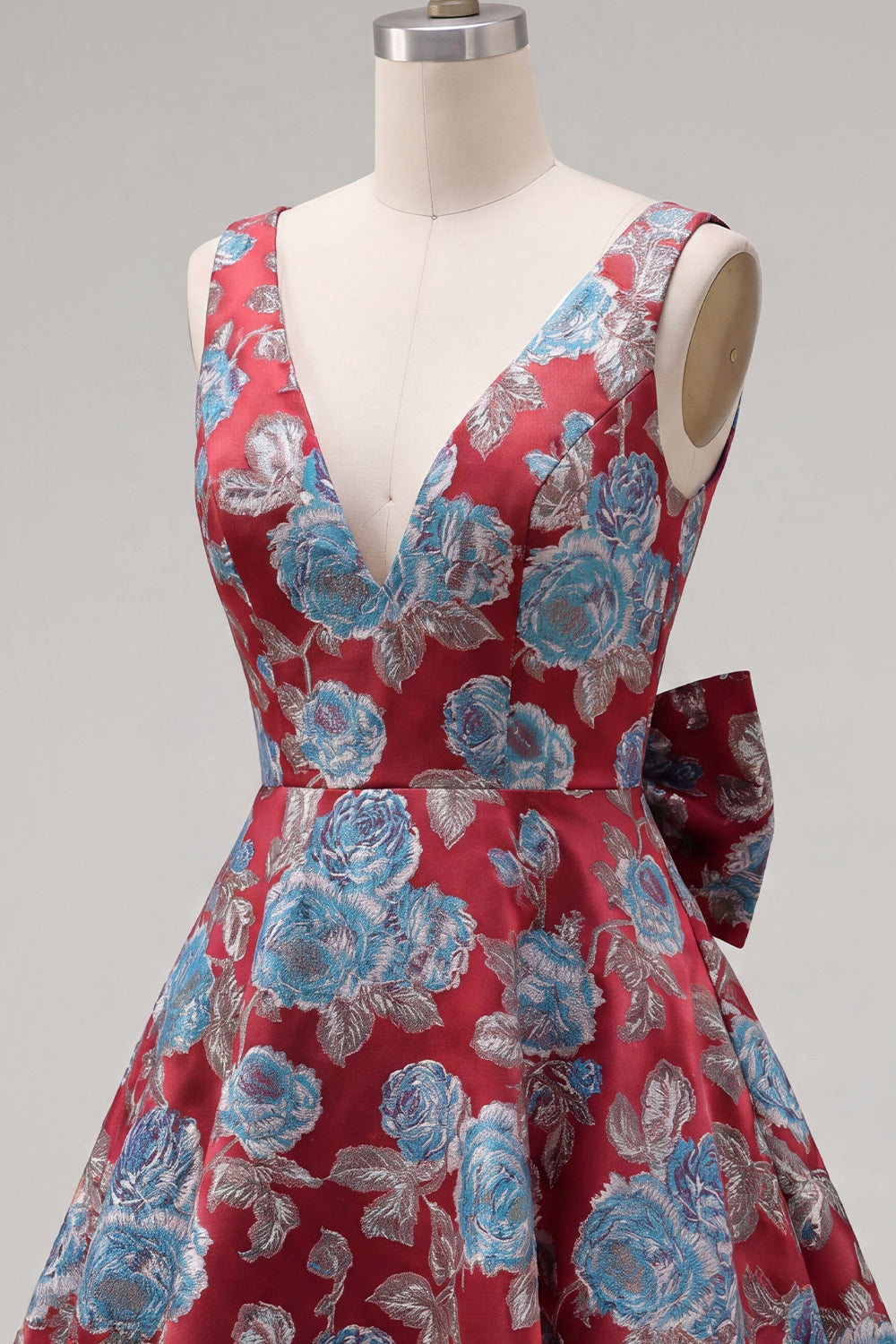 A-Line Red V-Neck Jacquard Floral Homecoming Dress with Bow