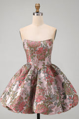 A-Line Pink Sweetheart Jacquard Floral Homecoming Dress with Bow