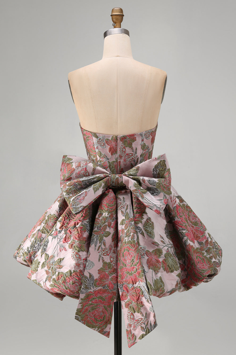 A-Line Pink Sweetheart Jacquard Floral Homecoming Dress with Bow