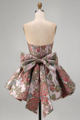 A-Line Pink Sweetheart Jacquard Floral Homecoming Dress with Bow