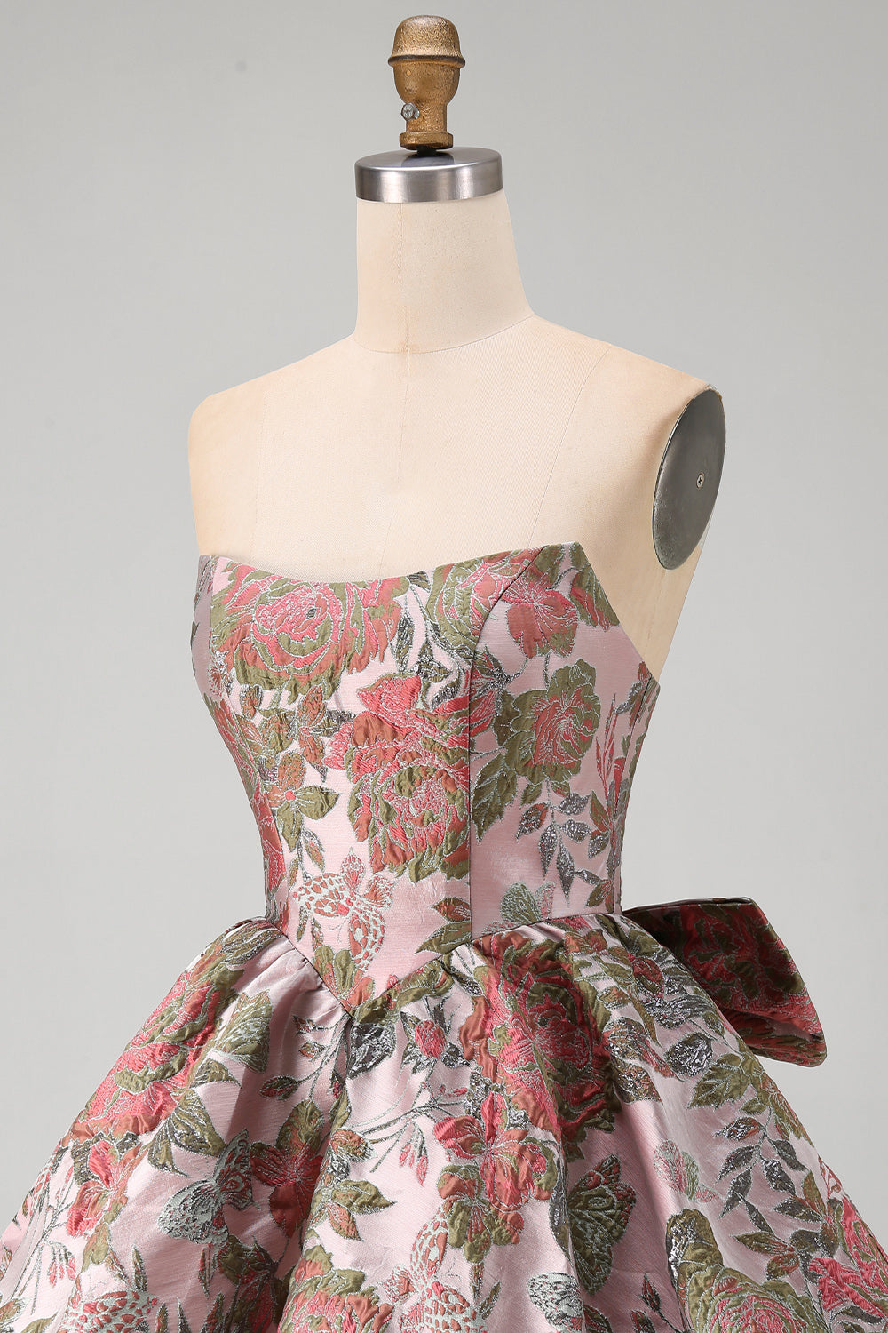 A-Line Pink Sweetheart Jacquard Floral Homecoming Dress with Bow