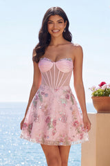 A-Line Pink Sweetheart Sheer Corset Sequins Floral Homecoming Dress
