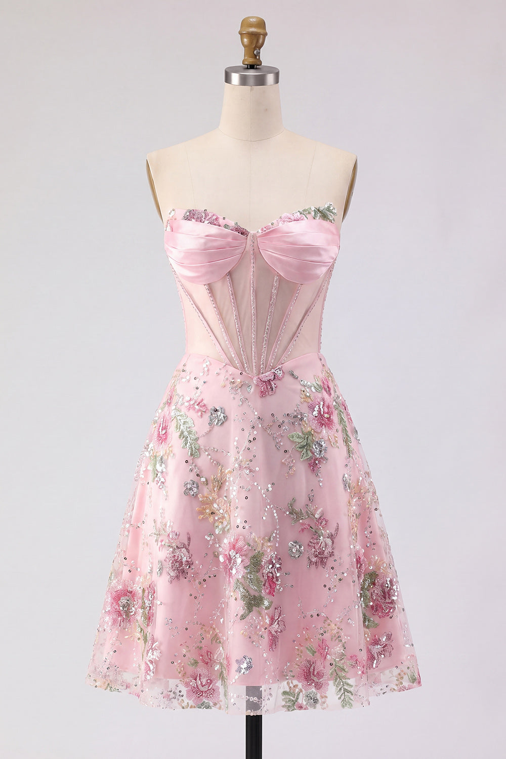 A-Line Pink Sweetheart Sheer Corset Sequins Floral Homecoming Dress