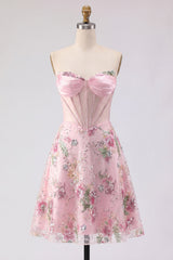 A-Line Pink Sweetheart Sheer Corset Sequins Floral Homecoming Dress