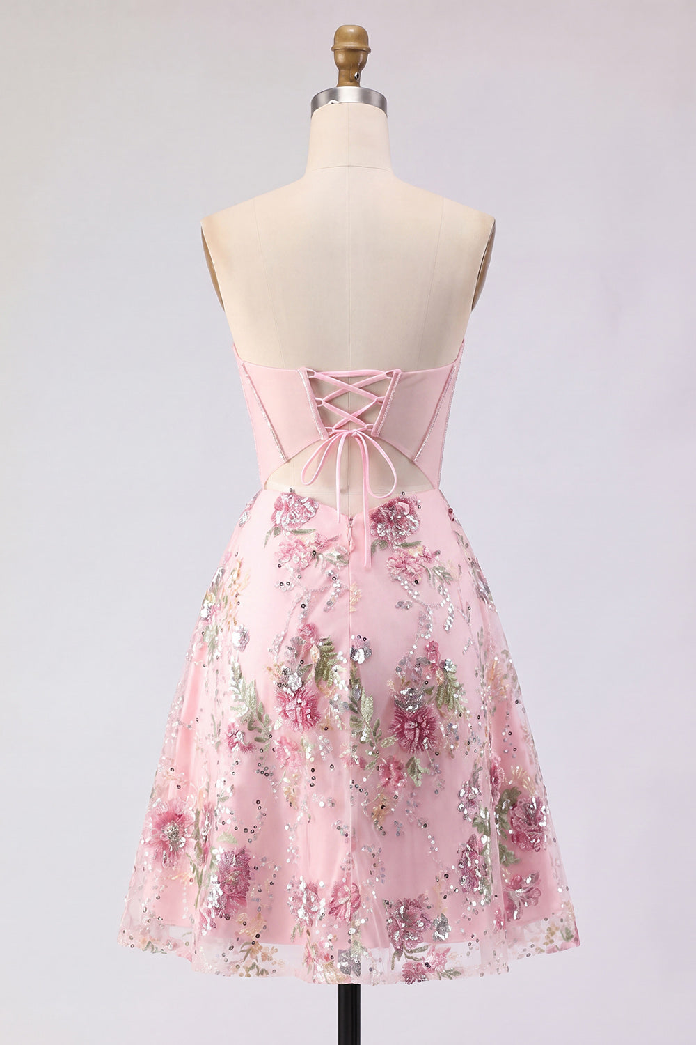 A-Line Pink Sweetheart Sheer Corset Sequins Floral Homecoming Dress