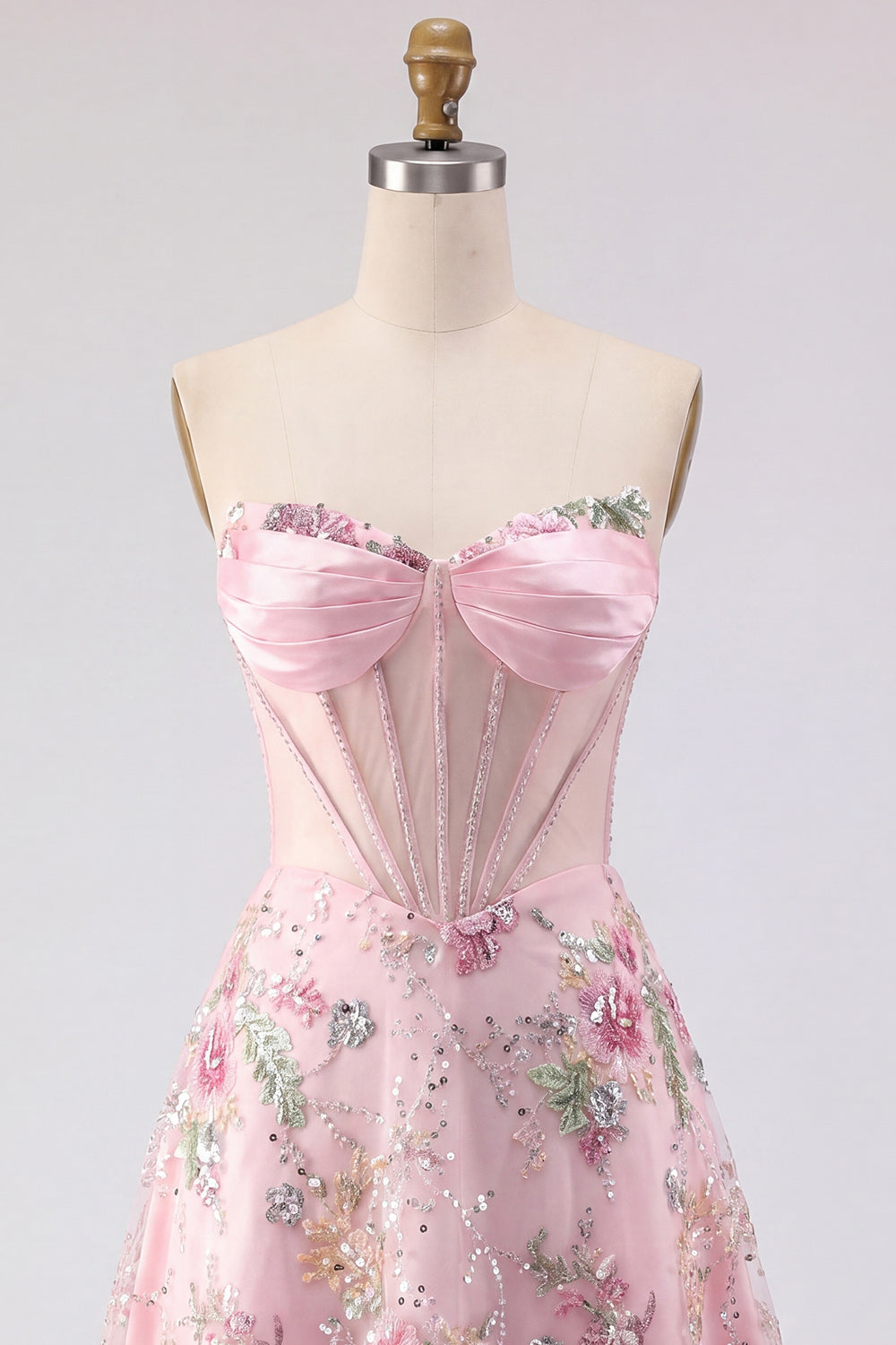 A-Line Pink Sweetheart Sheer Corset Sequins Floral Homecoming Dress
