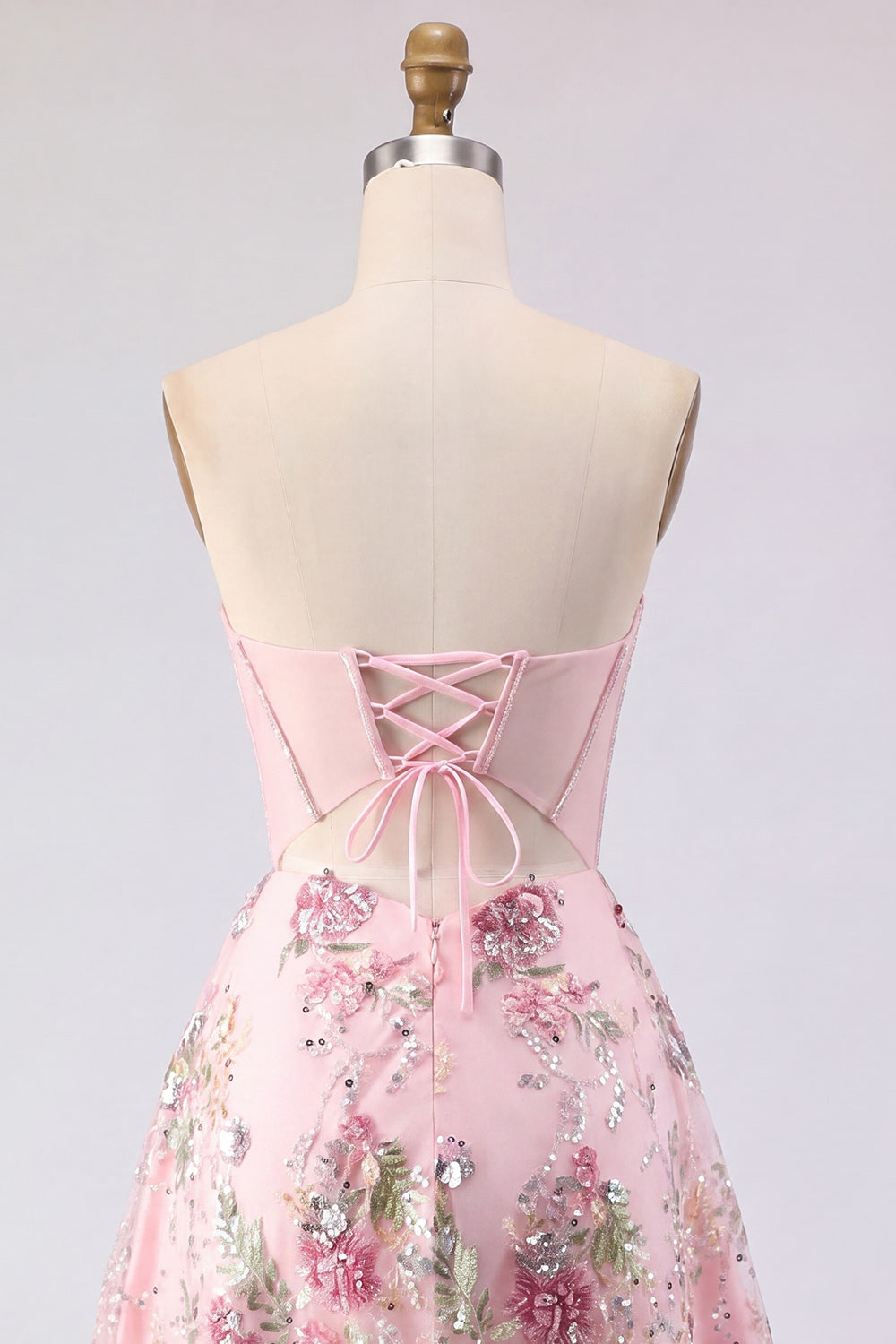 A-Line Pink Sweetheart Sheer Corset Sequins Floral Homecoming Dress