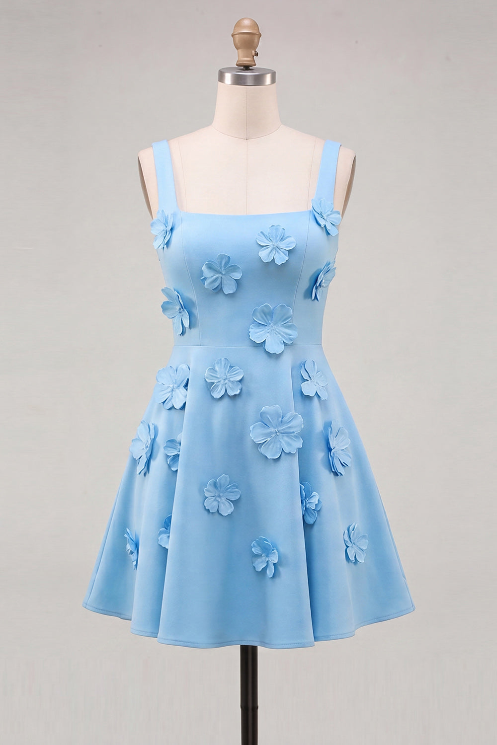 A-Line Blue Square Neck Homecoming Dress with 3D Flowers