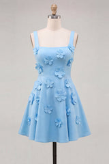 A-Line Blue Square Neck Homecoming Dress with 3D Flowers
