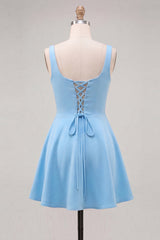 A-Line Blue Square Neck Homecoming Dress with 3D Flowers