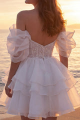 A Line Short Sparkly Ivory Corset Beaded Wedding Dress with Ruffles