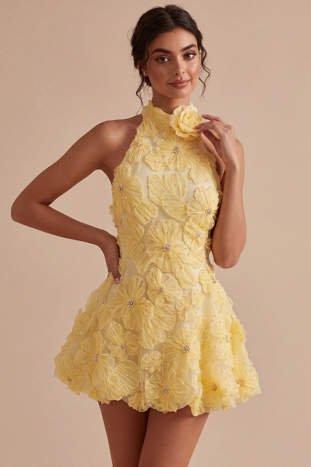 A-Line Pearl Daffodil Floral Halter Backless Short Homecoming Dress with Beading