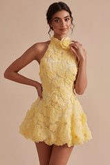 A-Line Pearl Daffodil Floral Halter Backless Short Homecoming Dress with Beading