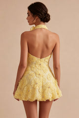 A-Line Pearl Daffodil Floral Halter Backless Short Homecoming Dress with Beading