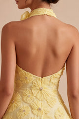 A-Line Pearl Daffodil Floral Halter Backless Short Homecoming Dress with Beading