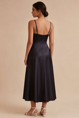 A Line Spaghetti Straps Long Black Tie Dress with Pockets