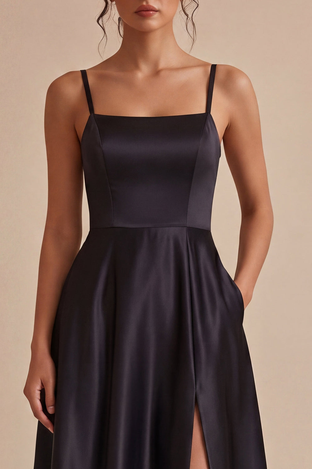 A Line Spaghetti Straps Long Black Tie Dress with Pockets