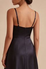 A Line Spaghetti Straps Long Black Tie Dress with Pockets