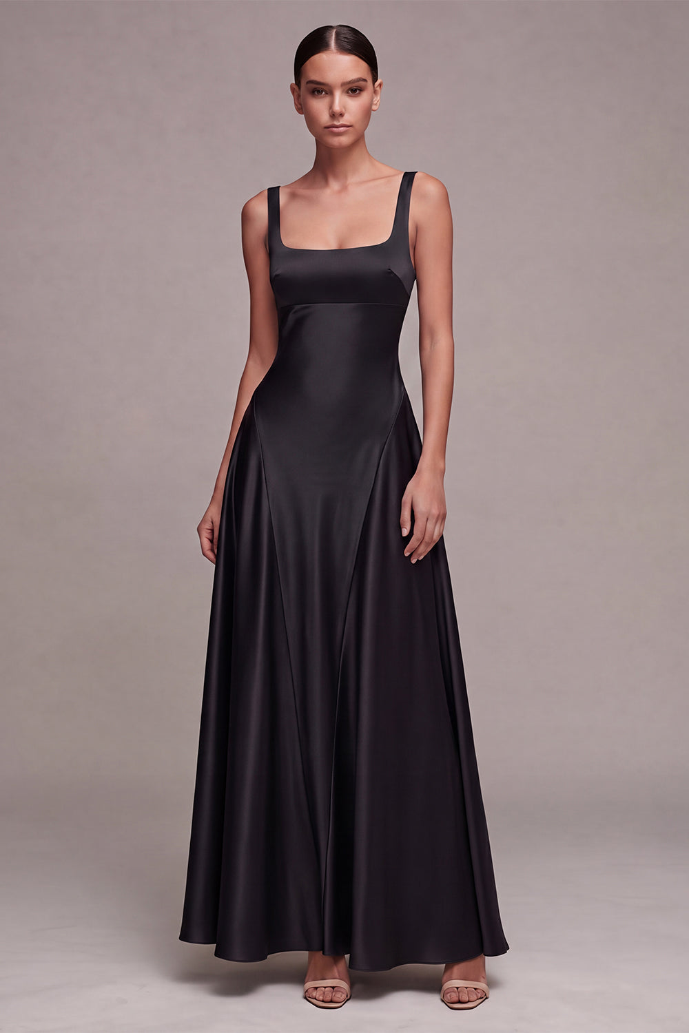 A Line Plum Square Neck Satin Formal Dress